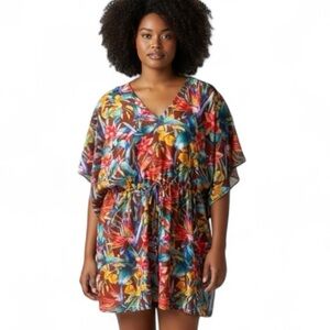 Tropical Print Semi Sheer Swimsuit Coverup 4X